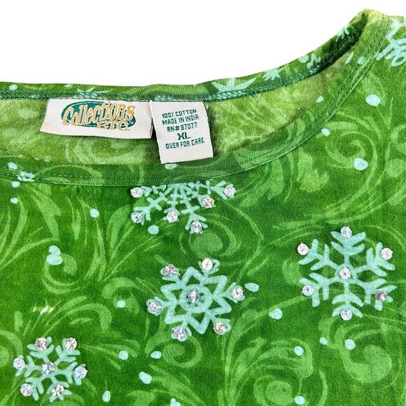 Collections Etc. Holiday Shirt Women Size XL Green Snowman Sequin Snowflake Top - Picture 9 of 12